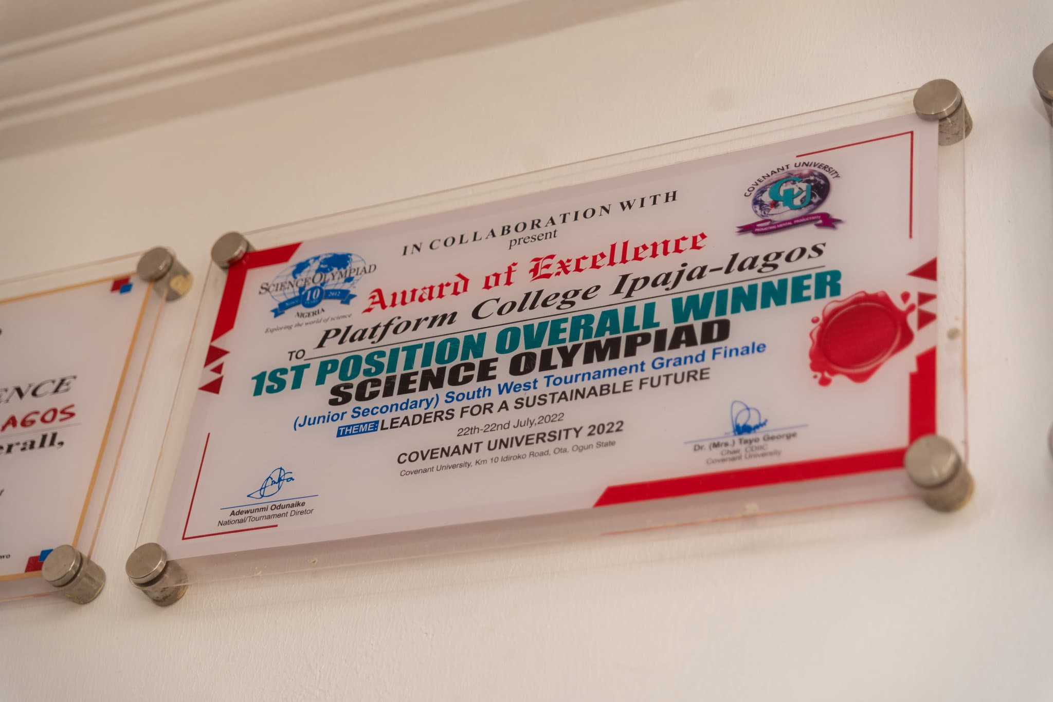 Science Olympiad Award of Excellence for 1st Position, South West Tournament